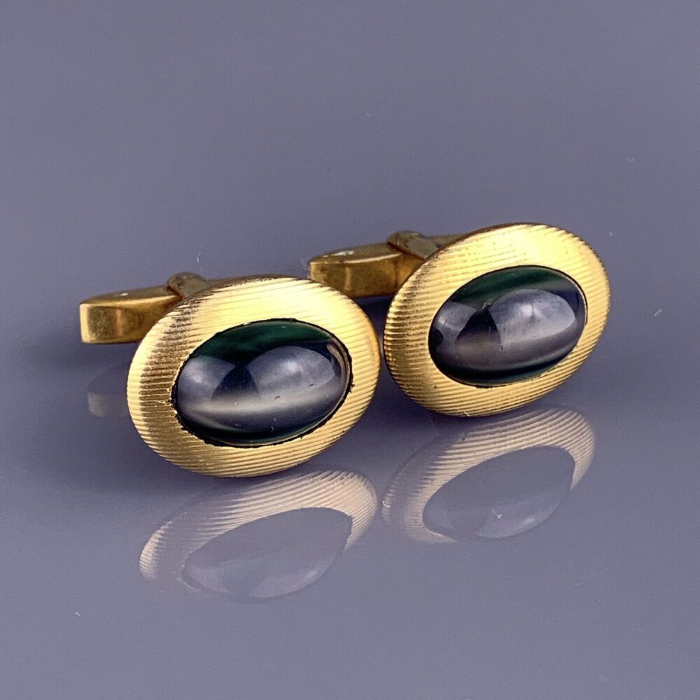 Green Stripes Glass Cufflinks 1/20 12k Gold Filled White Lines Art Deco Vintage